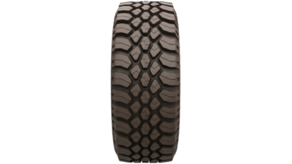 Aggressive mud terrain tire isolated PNG, off-road vehicle tyre with deep tread pattern for extreme driving and challenging terrains