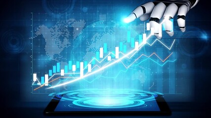 A futuristic robotic hand interacts with digital financial graphs displayed on a tablet, illustrating innovation in technology and data analysis for business growth. Copula - Powered by Adobe