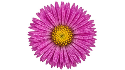 Magenta aster flower with water droplets isolated PNG, vibrant bloom on transparent background for botanical designs and spring themes