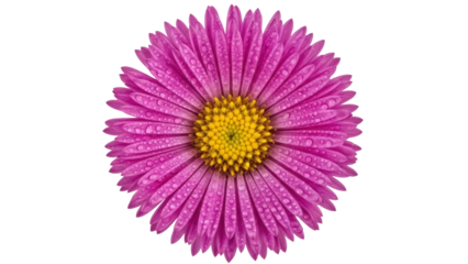 Magenta aster flower with water droplets isolated PNG, vibrant bloom on transparent background for botanical designs and spring themes