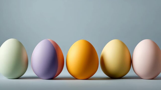 Brightly colored eggs arranged in a row on a simple surface for spring celebration or craft activity