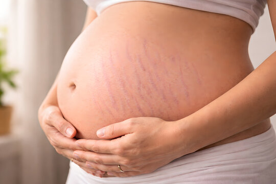 Photorealistic 3D depiction of pregnancy stretch marks (striae gravidarum), close-up of pregnant abdomen showing linear pink-to-purple streaks radiating across taut skin, smooth intact surface