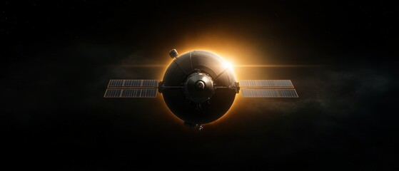 A futuristic spacecraft or satellite orbits in space, illuminated by a bright sunburst, set against a cosmic backdrop, Ideal for themes of exploration, technology, or science fiction,