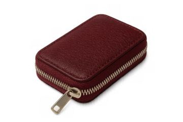 Small burgundy leather wallet for women with zipper opening, holding cards, cash, and coins, on transparent background