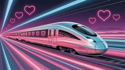 Fototapeta premium Silver high speed train with neon hearts and light streaks
