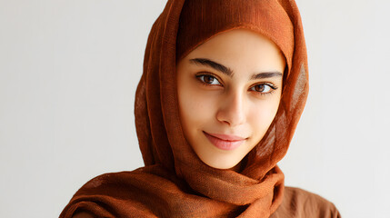 Young woman wearing brown hijab smiling brown scarf