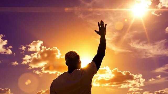 Silhouette of man raising hand to sun in vibrant sky, spiritual praise, hope and faith, Ramadan Islamic Religious Background
