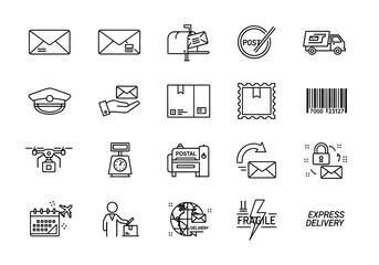 Fototapeta premium A collection of icons representing mail, delivery, and shipping services in a minimalist line art style.