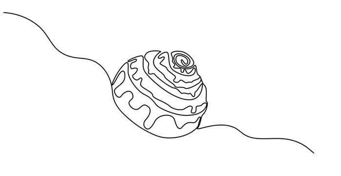 Animated self drawing of Cinnabon bun one line art. Continuous line drawing of cake, butter roll, Cinnamon roll isolated on white background continuous line drawing,