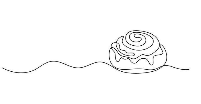 Animated self drawing of Cinnabon bun one line art. Continuous line drawing of cake, butter roll, Cinnamon roll isolated on white background continuous line drawing,