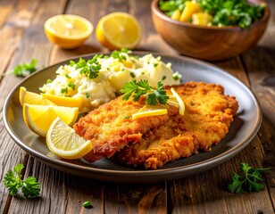 Knuspriges Schnitzel mit Kartoffelsalat und Zitronenscheiben &ndash; Rustikal serviert
