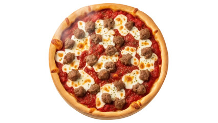 Delicious meatball pizza isolated PNG on transparent background, Italian cuisine with tomato sauce and mozzarella cheese for food design