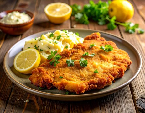 Knuspriges Schnitzel mit Kartoffelsalat und Zitronenscheiben &ndash; Rustikal serviert