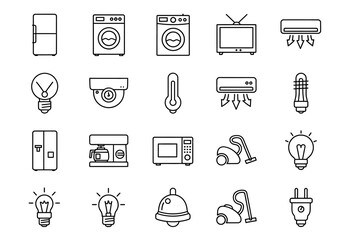 Collection of various household appliances and electronics icons in a minimalist line art style on a white background