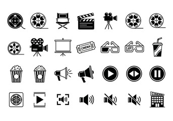 Collection of black and white film and media icons on a plain background
