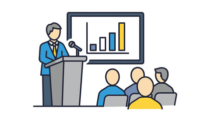Business presentation with a speaker at a podium addressing an audience in a meeting