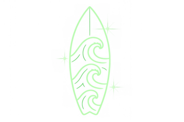 Glowing neon green surfboard presenting ocean waves and summer vacation concept as an illuminated doodle illustration