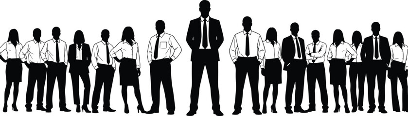 Business team silhouette, corporate professionals, formal attire, leadership concept, teamwork illustration, black white vector, office unity