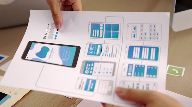 Excellent startup company employee presenting user interface prototype for mobile application to smart co-worker in office workspace. UX UI designer explain function of icon design on paper. Synergic