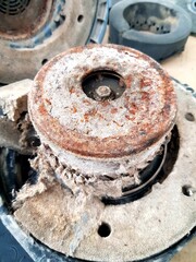 Old rusty engine in the car. Selective focus. Shallow depth of field