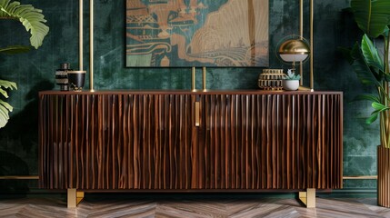 Luxurious wooden sideboard with vertical grooves, gold accents, and decorative objects