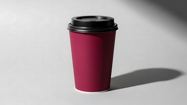 Red insulated travel mug with black lid on gray background with shadow
