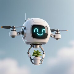 A friendly robot drone delivering a potted plant against a clear blue sky