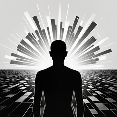 Silhouette of a figure against a vibrant abstract cityscape background
