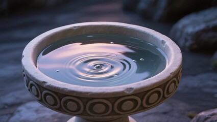 Serene Water Fountain with Ripples in a Tranquil Natural Setting at Dusk