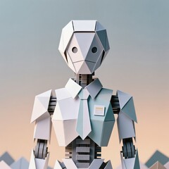 Geometric humanoid robot figure in business attire against a soft gradient background