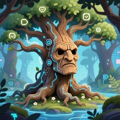 Ancient Tree with Cybernetic Features and Digital Elements in a Lush Forest Landscape