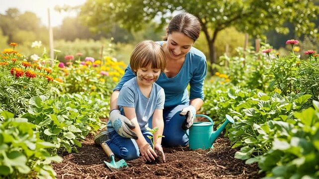 Woman and child planting a small green plant together in a vibrant garden with colorful flowers