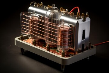 Close up of vacuum tubes and copper coils amplifying signals in a vintage radio receiver, showcasing electronic components