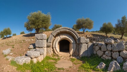 Ancient Stone Burial Site Surrounded by Olive Trees in a Sunny Landscape