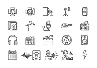 Collection of film and media icons displayed in a grid arrangement on a clean background