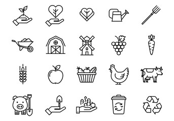 A collection of simple black line icons representing farming and agriculture, including plants, animals, and farming tools.