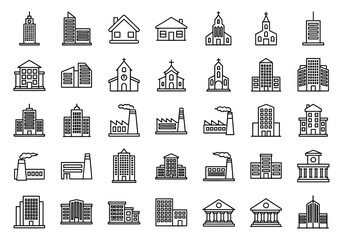Collection of various architectural building illustrations in a grid layout on a white background