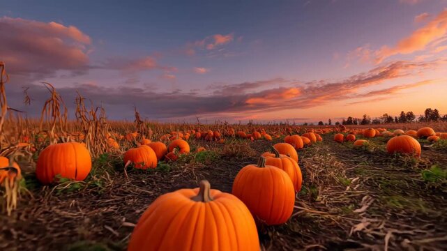 Pumpkins grow in a field during sunset with colorful skies and crop rows in the background in autumn season