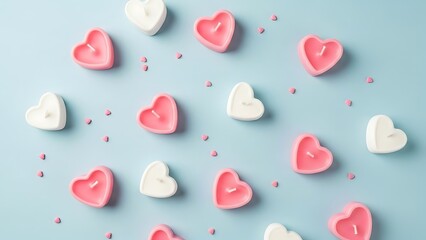 heart shaped candles and beads on blue surface