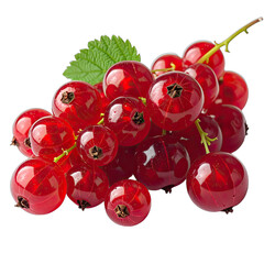 A cluster of vibrant, glossy red currants with a single green leaf set against a stark black background.