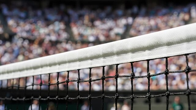 Tennis net in a packed stadium during a match