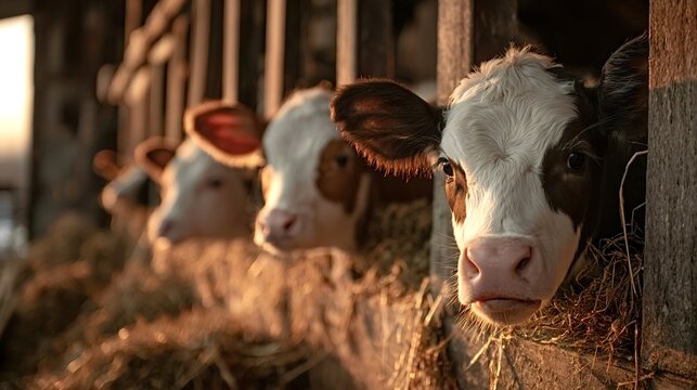 Young calves are eating hay in a rustic barn, their faces illuminated by the warm golden light of a setting sun creating a serene agricultural scene on the farm