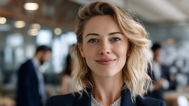 Poised Professional: A confident businesswoman exudes poise and determination, her gaze radiating capability. In the background, colleagues add depth to a scene of collaborative business