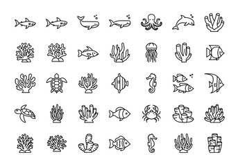 Collection of simple line icons representing various marine life and underwater elements on a white background