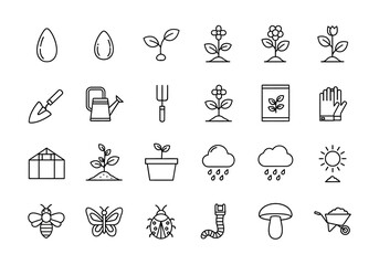 Collection of simple line icons representing gardening tools and plants in various stages of growth