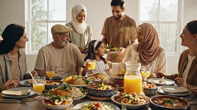 A multi generational Muslim family shares a joyful, sunlit meal, toasting with orange juice. Captures the warmth and togetherness of Ramadan or Eid. Ramadan Islamic Religious Background
