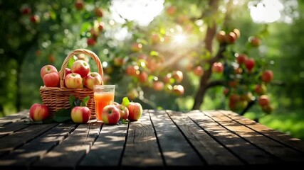 A vivid, sunlit scene featuring a basket of red apples and a glass of orange juice on a wooden table. The background is a lush, green garden with sunlight filtering through the trees. - Powered by Adobe