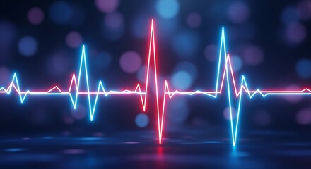 Abstract visualization of a vibrant neon heartbeat pulse line in red and blue, representing life, health, and technology on a dark bokeh background