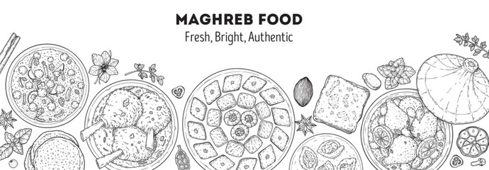 Maghrebi cuisine top view vector illustration. Food menu design template. Hand drawn sketch. Maghreb food menu. Vintage style. Vector drawing illustration.