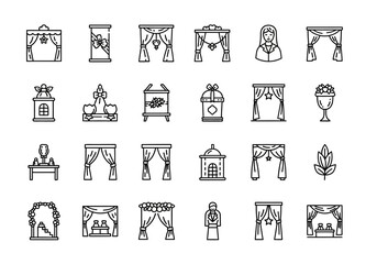 Collection of line art icons representing various objects and scenes, including architectural elements, people, and symbols, in a minimalist style